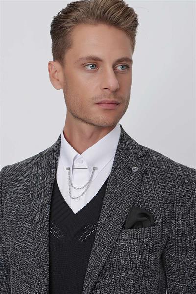Slim Fit Mono Yaka Kırçıllı Dokuma Siyah Spor Ceket C 628