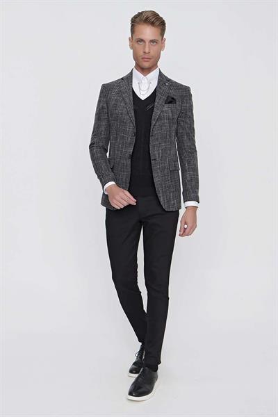 Slim Fit Mono Yaka Kırçıllı Dokuma Siyah Spor Ceket C 628