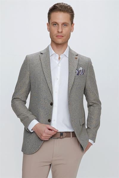 Slim Fit Çift Yırtmaç Kırçıllı Dokuma Camel Blazer Ceket C 633