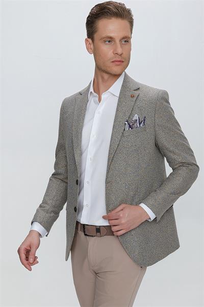 Slim Fit Çift Yırtmaç Kırçıllı Dokuma Camel Blazer Ceket C 633