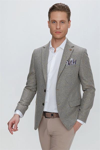 Slim Fit Çift Yırtmaç Kırçıllı Dokuma Camel Blazer Ceket C 633