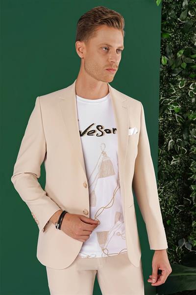 Slim Fit Çift Yırtmaç Esnek Pamuklu Fleto Cepli Bej Ceket C 645