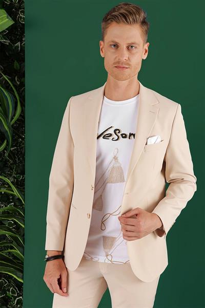 Slim Fit Çift Yırtmaç Esnek Pamuklu Fleto Cepli Bej Ceket C 645