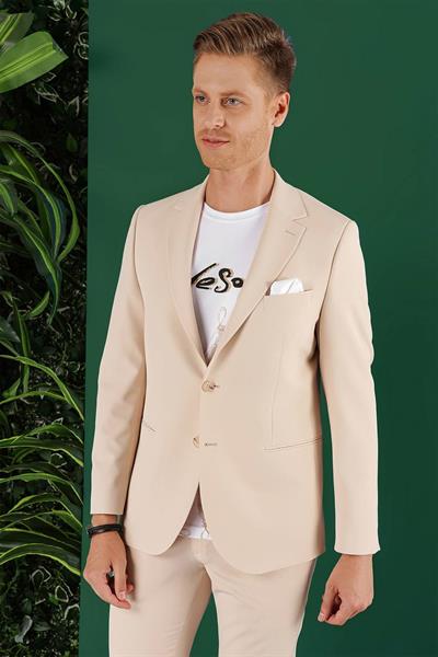 Slim Fit Çift Yırtmaç Esnek Pamuklu Fleto Cepli Bej Ceket C 645