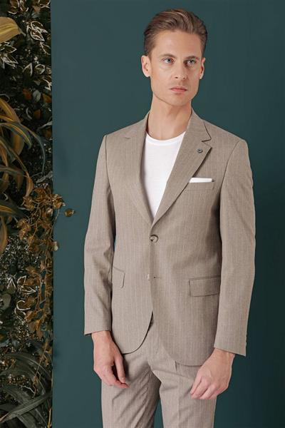 Slim Fit Çift Yırtmaç Yünlü Çizgili Bej Ceket C 652