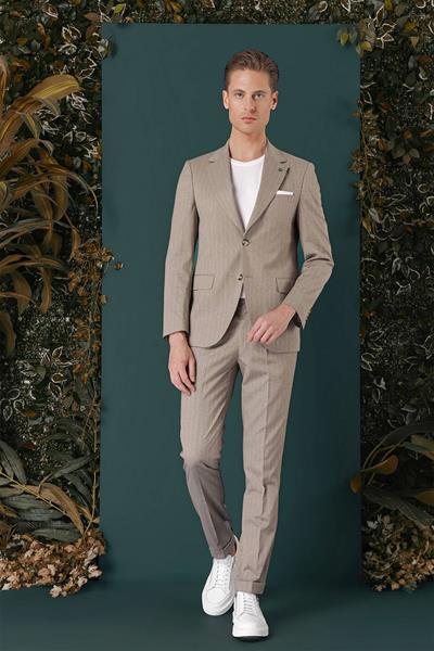Slim Fit Çift Yırtmaç Yünlü Çizgili Bej Ceket C 652