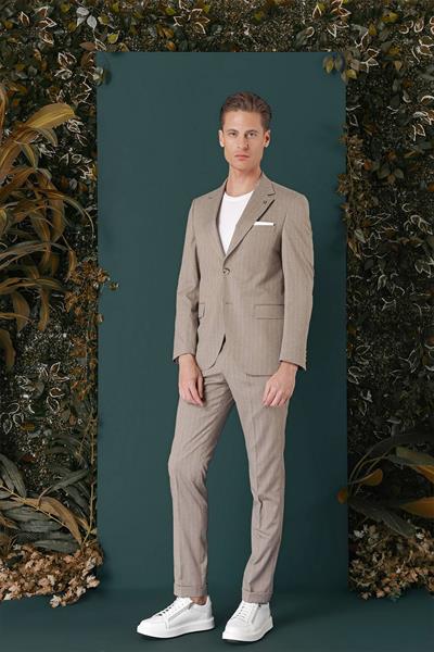 Slim Fit Çift Yırtmaç Yünlü Çizgili Bej Ceket C 652