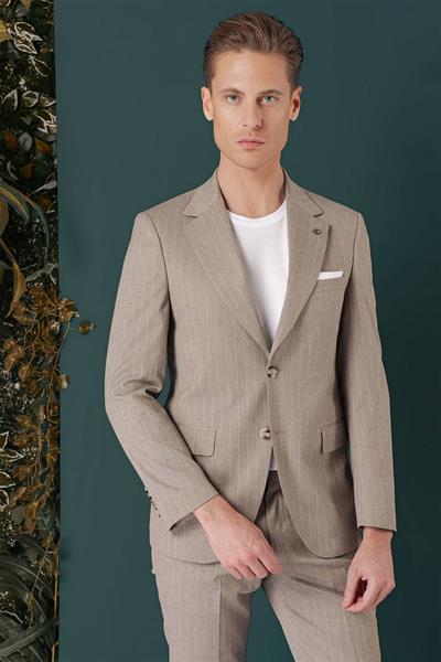 Slim Fit Çift Yırtmaç Yünlü Çizgili Bej Ceket C 652