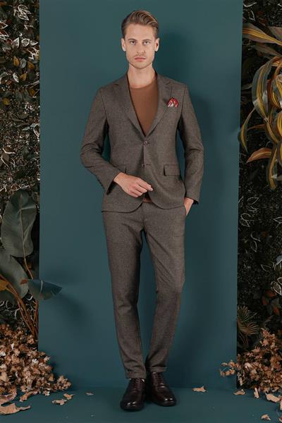 Slim Fit Çift Yırtmaç Yünlü Kırçıllı Dokuma Kahverengi Ceket C 658