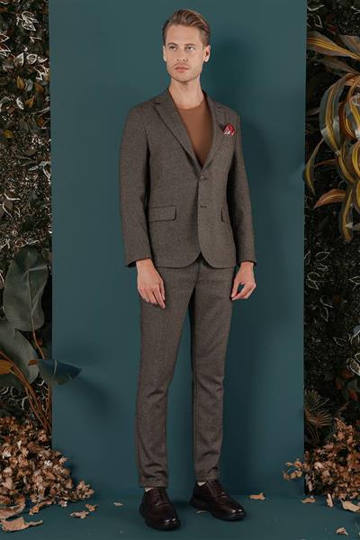 Slim Fit Çift Yırtmaç Yünlü Kırçıllı Dokuma Kahverengi Ceket C 658