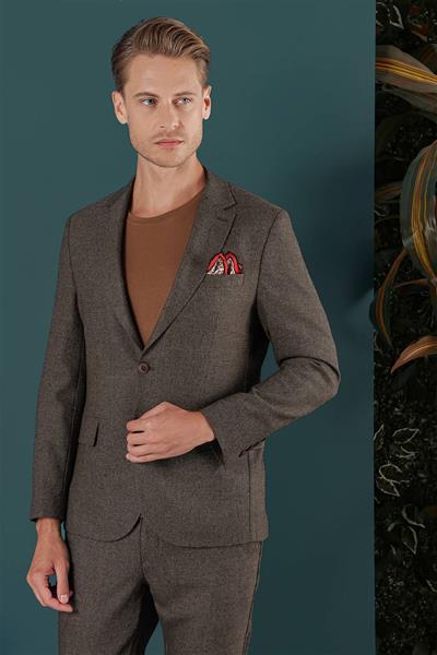 Slim Fit Çift Yırtmaç Yünlü Kırçıllı Dokuma Kahverengi Ceket C 658