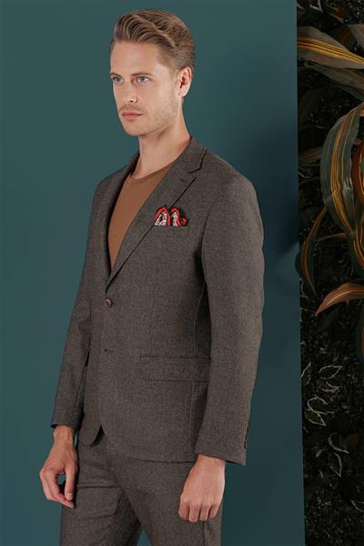 Slim Fit Çift Yırtmaç Yünlü Kırçıllı Dokuma Kahverengi Ceket C 658