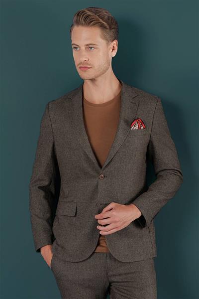 Slim Fit Çift Yırtmaç Yünlü Kırçıllı Dokuma Kahverengi Ceket C 658