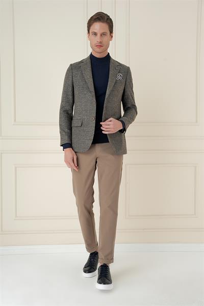 Slim Fit Çift Yırtmaç Kırçıllı Pötikare Dokuma %100 Yün Bej Ceket C 693