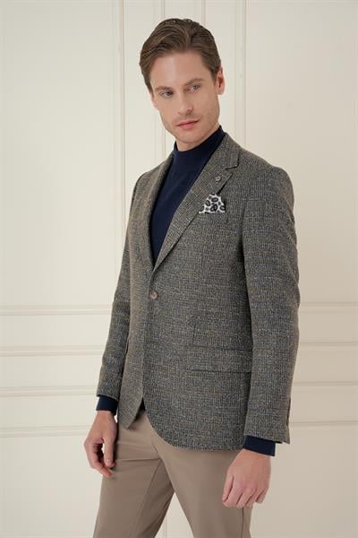 Slim Fit Çift Yırtmaç Kırçıllı Pötikare Dokuma %100 Yün Bej Ceket C 693