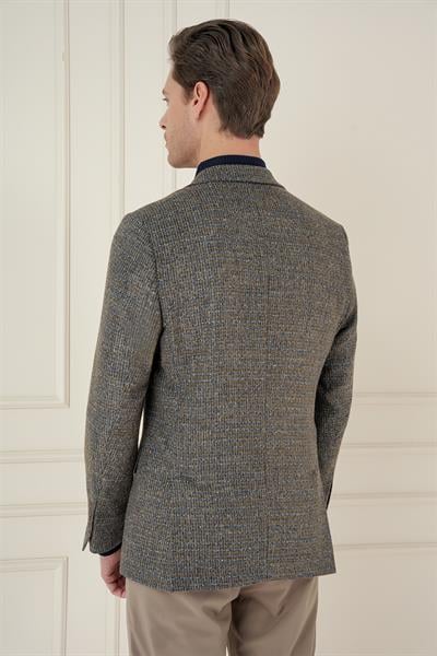 Slim Fit Çift Yırtmaç Kırçıllı Pötikare Dokuma %100 Yün Bej Ceket C 693