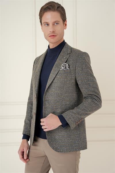 Slim Fit Çift Yırtmaç Kırçıllı Pötikare Dokuma %100 Yün Bej Ceket C 693