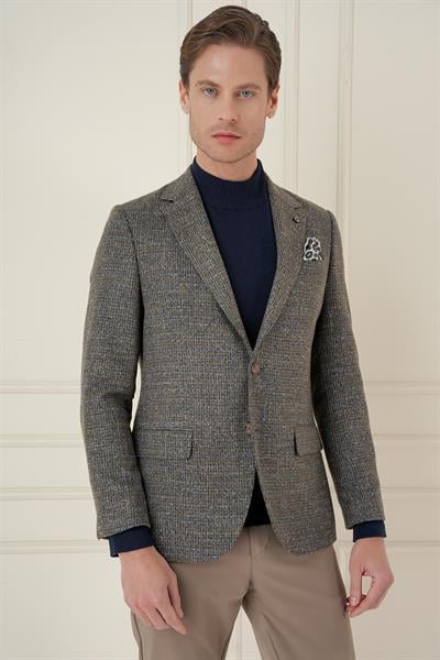 Slim Fit Çift Yırtmaç Kırçıllı Pötikare Dokuma %100 Yün Bej Ceket C 693