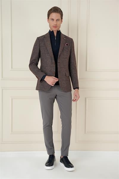 Slim Fit Çift Yırtmaç Kırçıllı Pötikare Dokuma %100 Yün Kiremit Ceket C 693