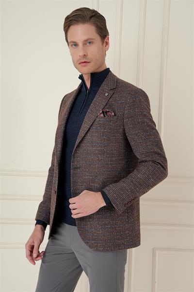 Slim Fit Çift Yırtmaç Kırçıllı Pötikare Dokuma %100 Yün Kiremit Ceket C 693