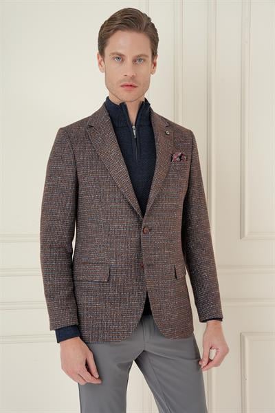 Slim Fit Çift Yırtmaç Kırçıllı Pötikare Dokuma %100 Yün Kiremit Ceket C 693