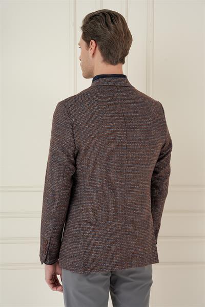 Slim Fit Çift Yırtmaç Kırçıllı Pötikare Dokuma %100 Yün Kiremit Ceket C 693