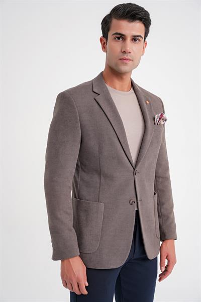 Comfort Fit Çift Yırtmaç Armürlü Esnek Pamuklu Vizon Ceket C 723