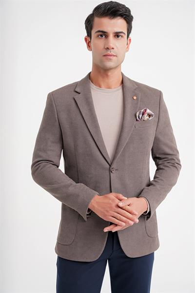 Comfort Fit Çift Yırtmaç Armürlü Esnek Pamuklu Vizon Ceket C 723
