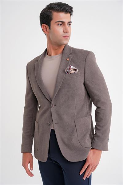 Comfort Fit Çift Yırtmaç Armürlü Esnek Pamuklu Vizon Ceket C 723