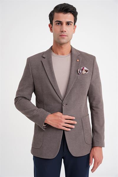 Comfort Fit Çift Yırtmaç Armürlü Esnek Pamuklu Vizon Ceket C 723