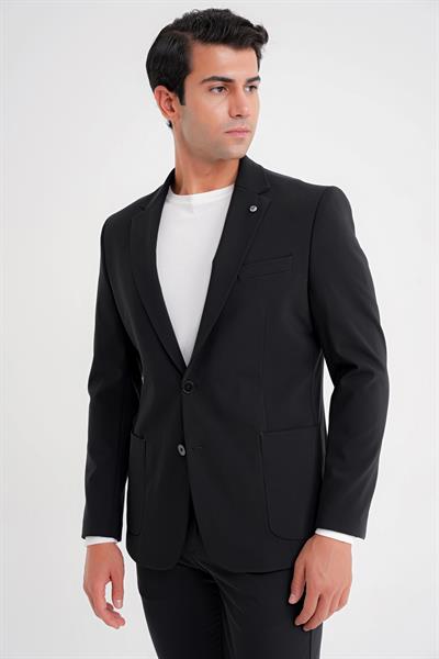 Comfort Fit Çift Yırtmaç Torba Cepli Pamuklu Düz Siyah Ceket C 726