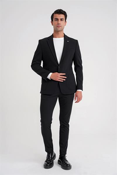 Comfort Fit Çift Yırtmaç Torba Cepli Pamuklu Düz Siyah Ceket C 726