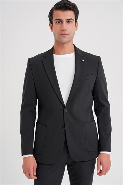 Comfort Fit Çift Yırtmaç Torba Cepli Pamuklu Düz Siyah Ceket C 726