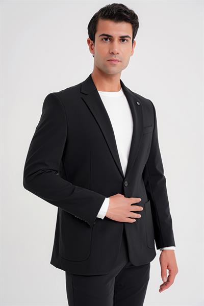 Comfort Fit Çift Yırtmaç Torba Cepli Pamuklu Düz Siyah Ceket C 726