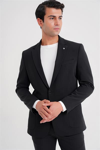 Comfort Fit Çift Yırtmaç Torba Cepli Pamuklu Düz Siyah Ceket C 726