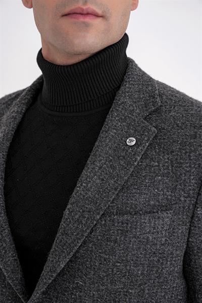 Comfort Fit Torba Cep Kazayağı Desenli %100 Yün Antrasit Blazer Ceket C 729