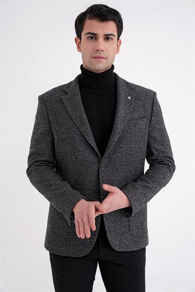 Comfort Fit Torba Cep Kazayağı Desenli %100 Yün Antrasit Blazer Ceket C 729