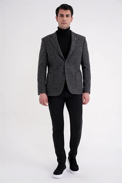 Comfort Fit Torba Cep Kazayağı Desenli %100 Yün Antrasit Blazer Ceket C 729