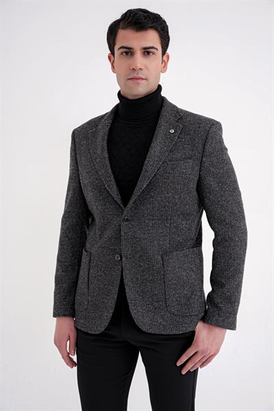 Comfort Fit Torba Cep Kazayağı Desenli %100 Yün Antrasit Blazer Ceket C 729