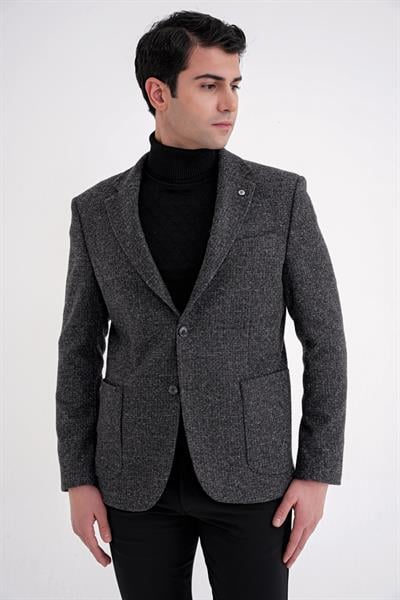 Comfort Fit Torba Cep Kazayağı Desenli %100 Yün Antrasit Blazer Ceket C 729