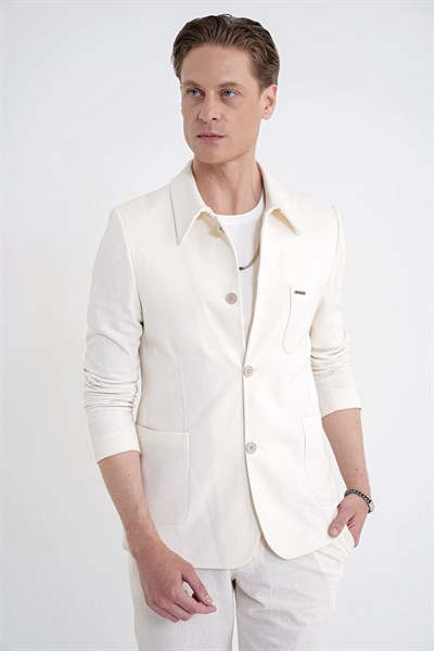 Slim Fit Gömlek Yakalı Fitilli Pamuk Dokumalı Tasarım Ekru Gömlek Ceket C 732