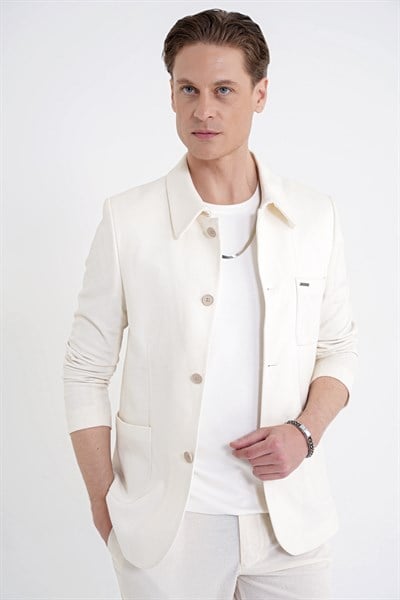 Slim Fit Gömlek Yakalı Fitilli Pamuk Dokumalı Tasarım Ekru Gömlek Ceket C 732