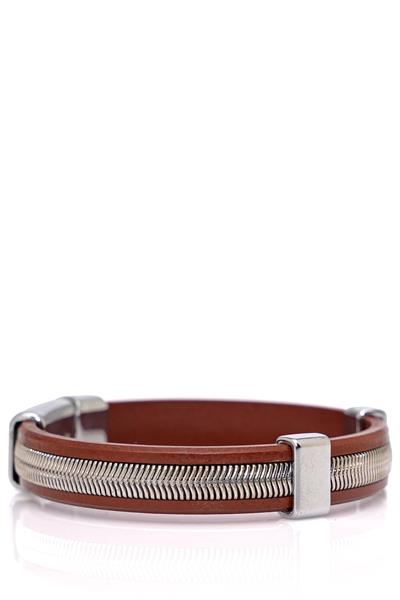 Çelik Tasarımlı Deri Kaplamalı Kahverengi Bileklik 091