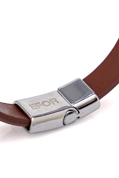 Çelik Tasarımlı Deri Kaplamalı Kahverengi Bileklik 091