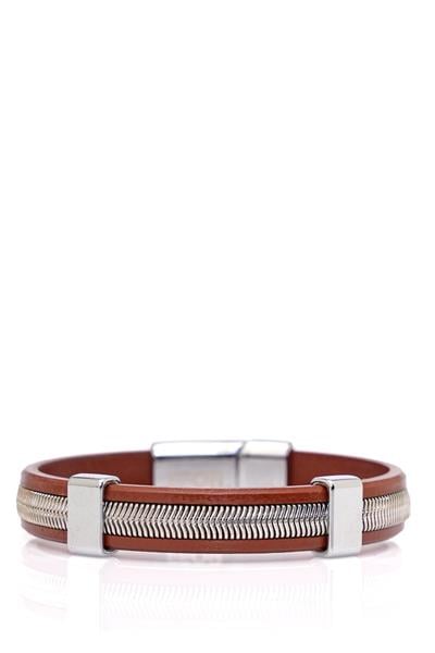 Çelik Tasarımlı Deri Kaplamalı Kahverengi Bileklik 091