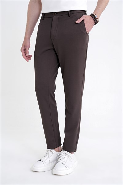 Comfort Fit Beli Lastikli Armürlü Dokuma Esnek Pamuk Kahverengi Jogger Pantolon P 1217