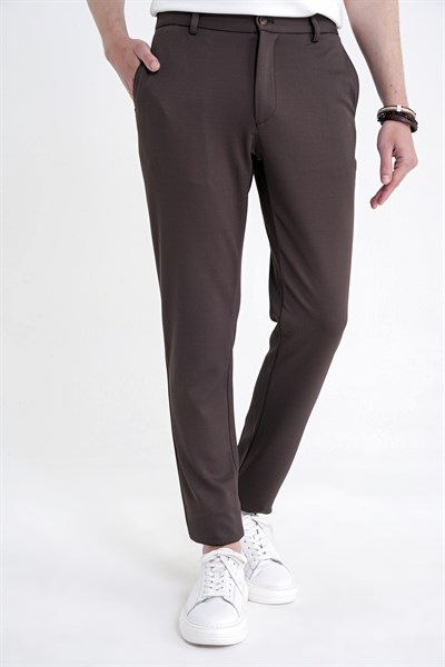 Comfort Fit Beli Lastikli Armürlü Dokuma Esnek Pamuk Kahverengi Jogger Pantolon P 1217