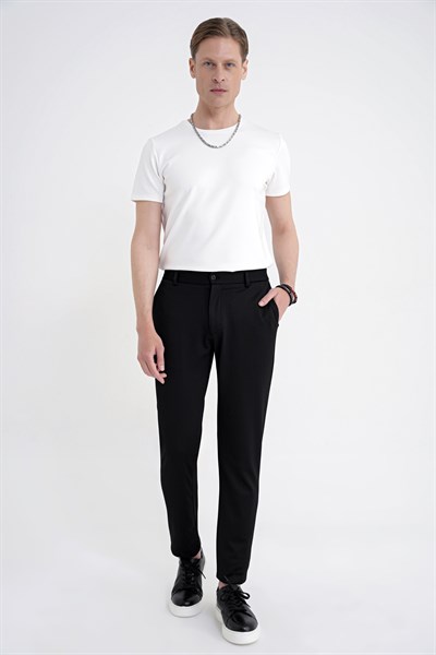 Comfort Fit Beli Lastikli Armürlü Dokuma Esnek Pamuk Siyah Jogger Pantolon P 1217
