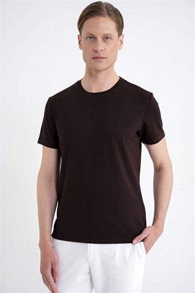 Comfort Bisiklet Yaka Düz KOTON KAHVERENGİ  TS 885 T-SHIRT