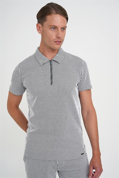 Comfort Fit %100 Pamuk Dikine Çizgili Fermuarlı Polo Yaka Siyah Tişört TS 906
